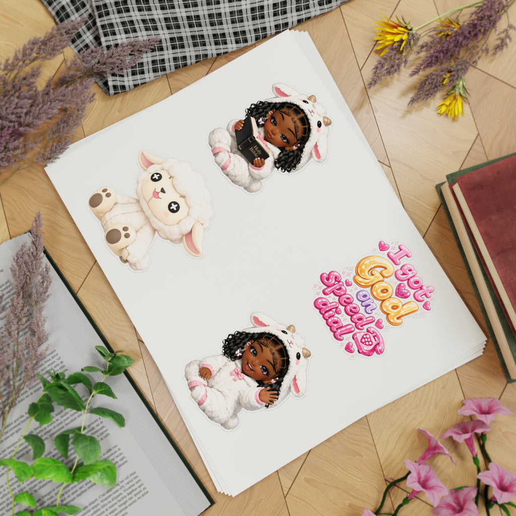 Cute Lamb Girl Sticker Sheet – 5pc Inspirational 'I Got God on Speed Dial' Vinyl Stickers