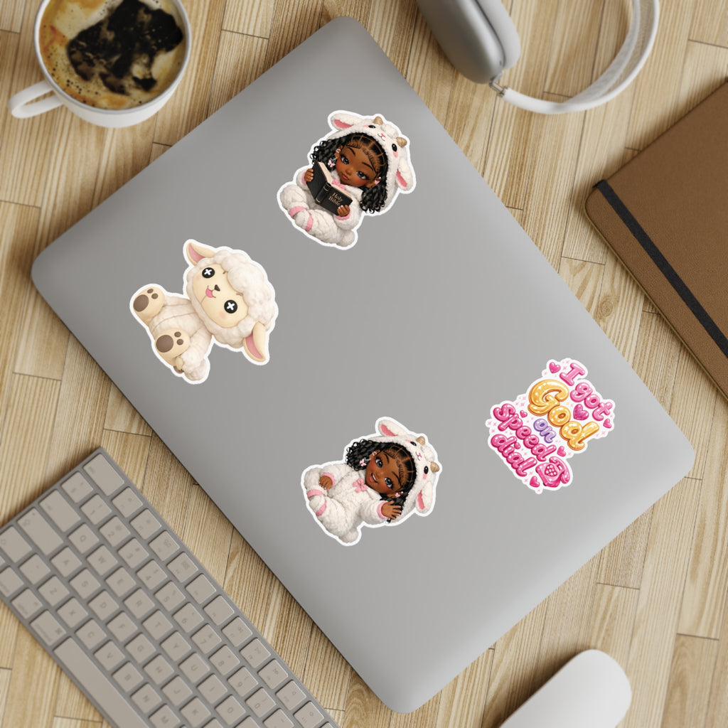 Cute Lamb Girl Sticker Sheet – 5pc Inspirational 'I Got God on Speed Dial' Vinyl Stickers