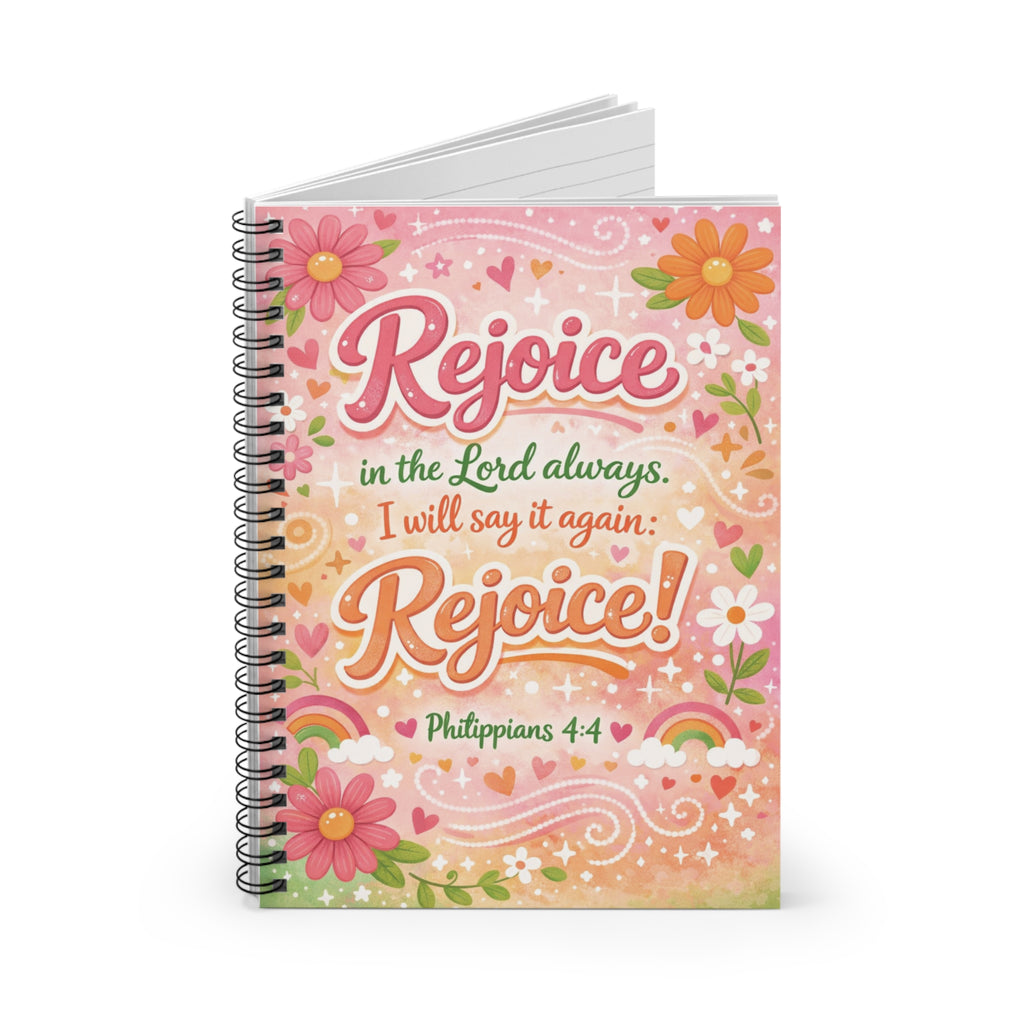 Rejoice! Floral Christian Spiral Notebook — Philippians 4:4 Ruled Journal
