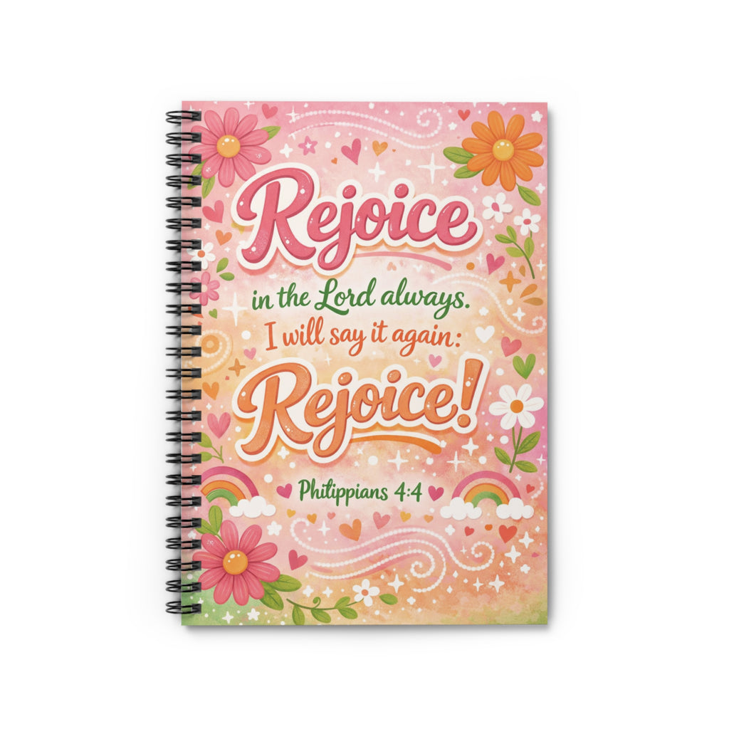Rejoice! Floral Christian Spiral Notebook — Philippians 4:4 Ruled Journal