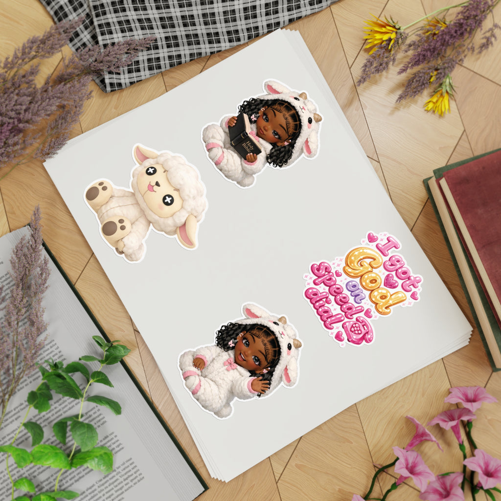 Cute Lamb Girl Sticker Sheet – 5pc Inspirational 'I Got God on Speed Dial' Vinyl Stickers
