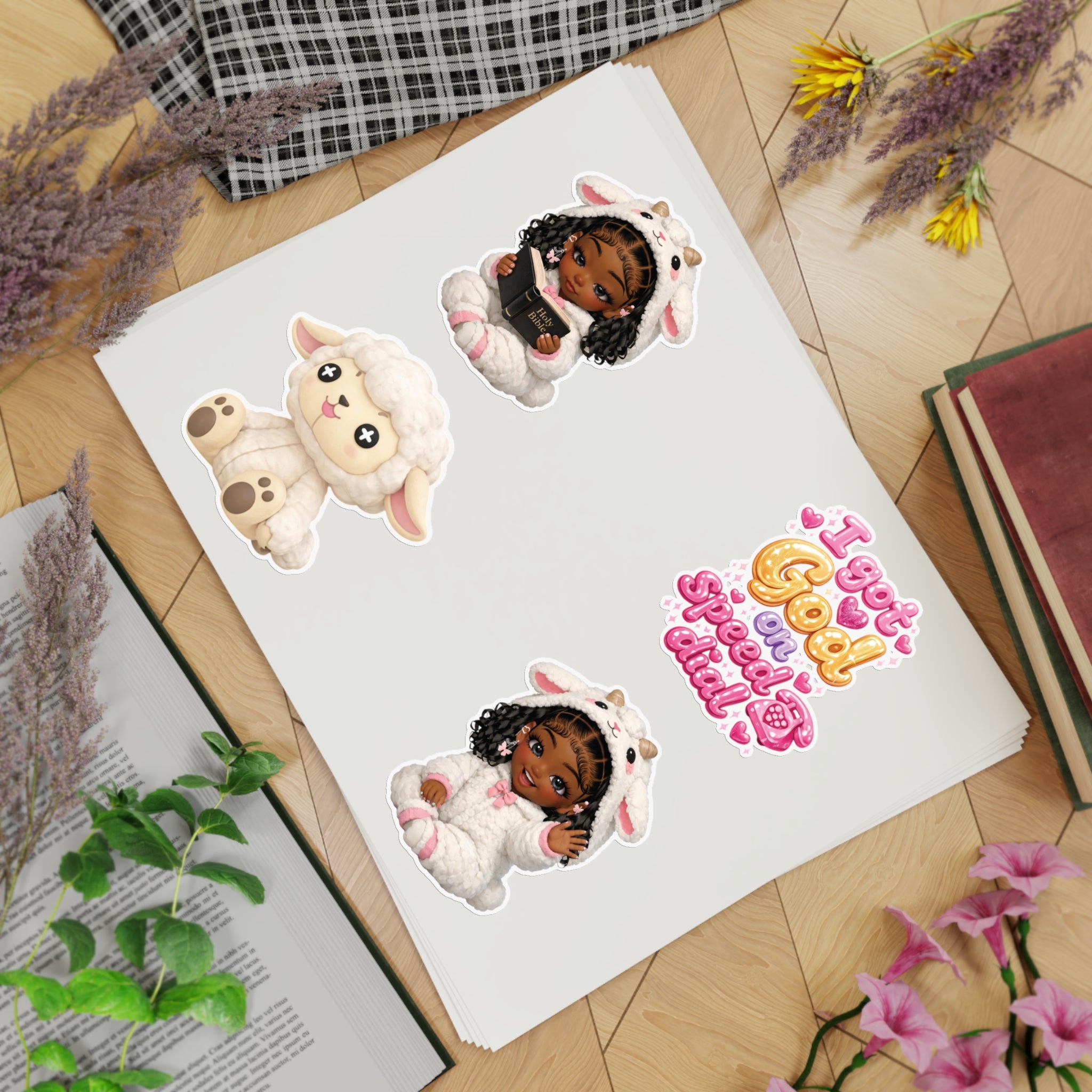 Cute Lamb Girl Sticker Sheet – 5pc Inspirational 'I Got God on Speed Dial' Vinyl Stickers