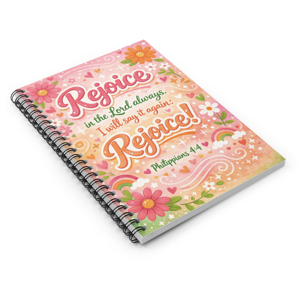 Rejoice! Floral Christian Spiral Notebook — Philippians 4:4 Ruled Journal