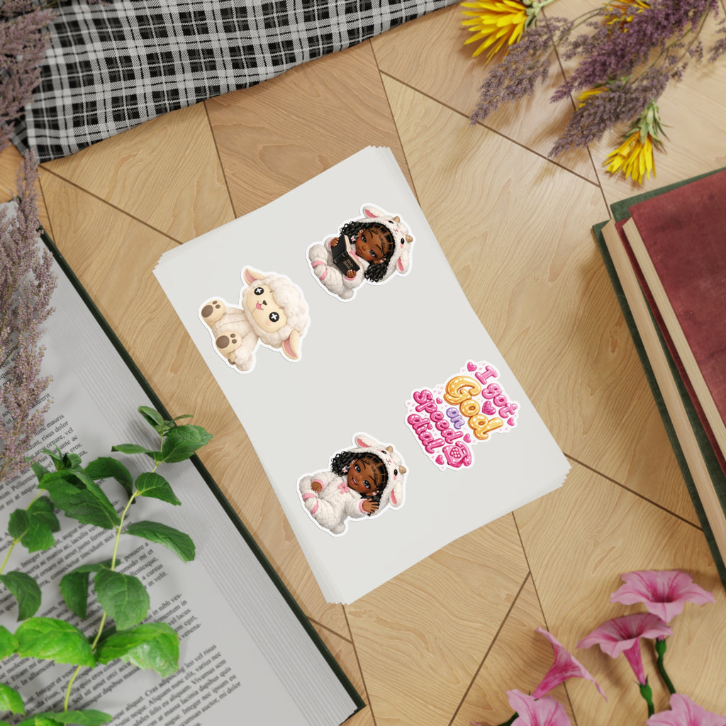 Cute Lamb Girl Sticker Sheet – 5pc Inspirational 'I Got God on Speed Dial' Vinyl Stickers
